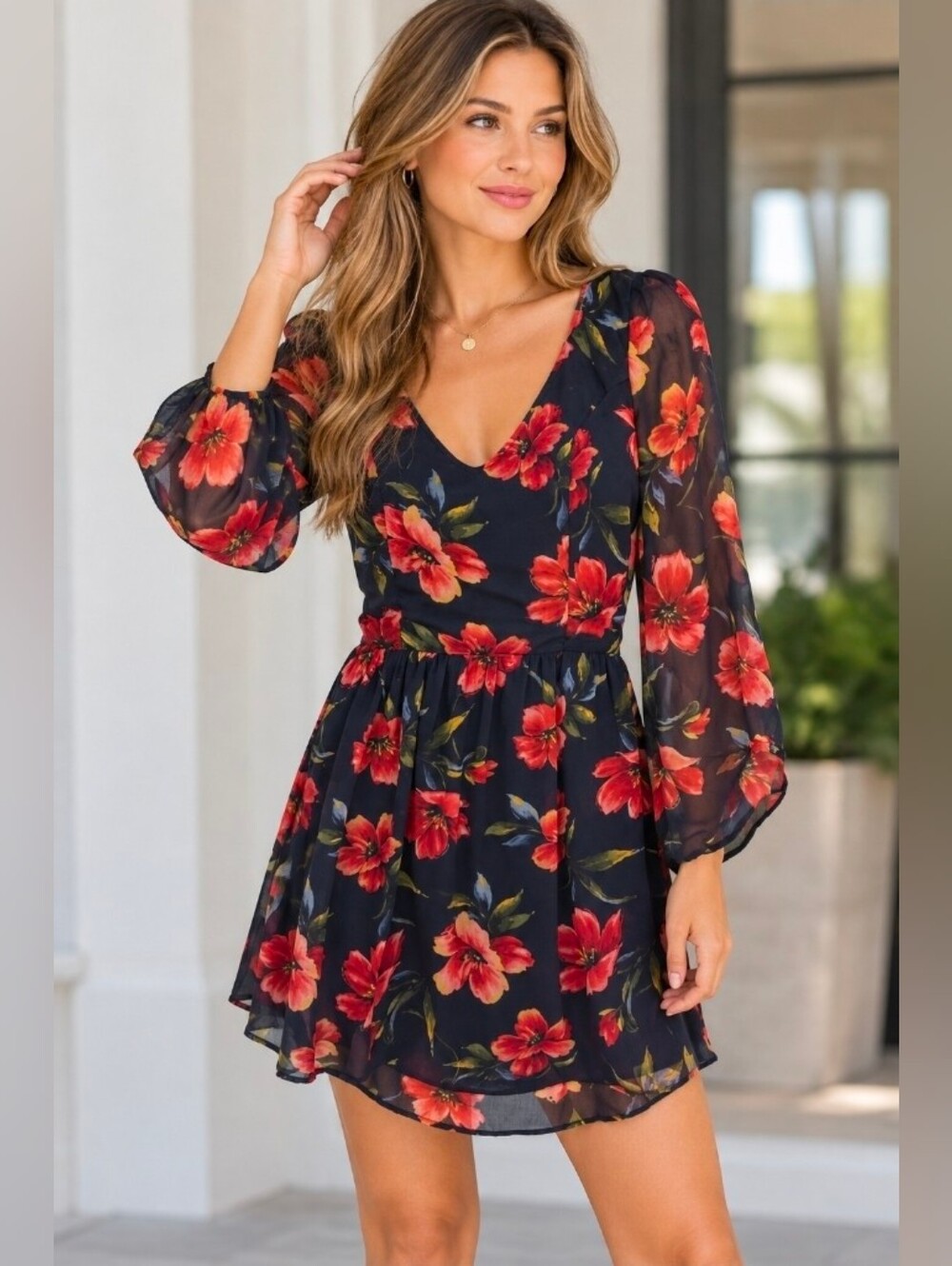 Hollister Black Long-Sleeve V-Neck Dress with Red Floral Print